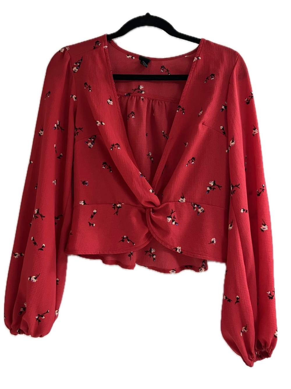 wild fable Red Floral Knot-Front Long Sleeve Blouse